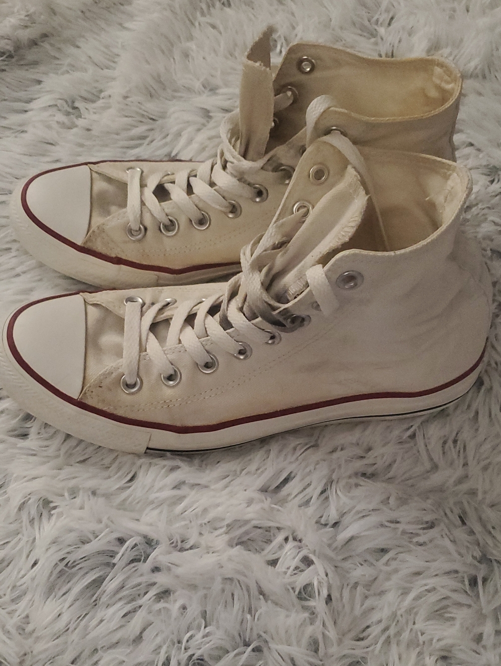 Converse High-Top Canvas Sneakers in Off-White with Red Trim